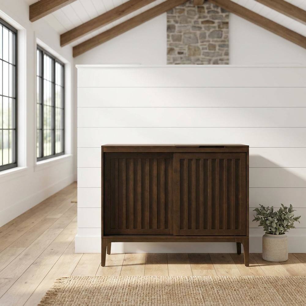 Alt View 4. FurniFact - Brown Large Record Player Cabinet with Vinyl Storage Shelves - Dark Brown.