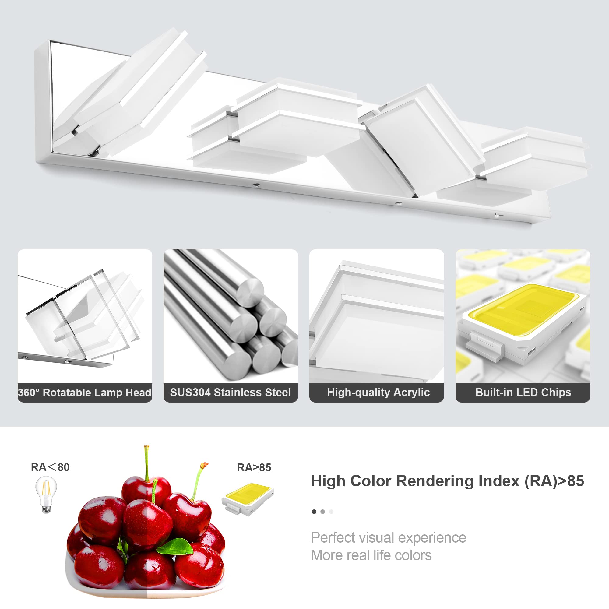 360° Rotatable Lamp Head  
SUS304 Stainless Steel  
High-quality Acrylic  
Built-in LED Chips  

RA < 80  
RA > 85  

High Color Rendering Index (RA) > 85  
Perfect visual experience  
More real life colors
