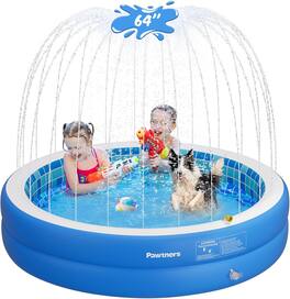 Pawtners - Inflatable Kiddie Pool with 360° Sprinkler, Non-Slip PVC, Chew Proof, for Toddlers, Kids & Pets – Blue Round 64" x 12.2"