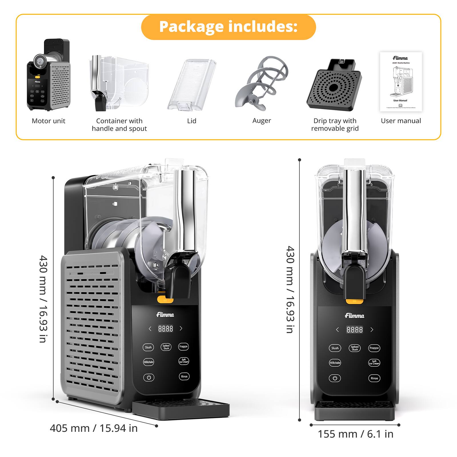 Package includes:  
- FGmma I - d - Motor unit  
- Container with handle and spout  
- Lid  
- Auger  
- Drip tray with removable grid  
- User manual  

Dimensions:  
- 430 mm / 16.93 in  
- 405 mm / 15.94 in  
- 155 mm / 6.1 in
