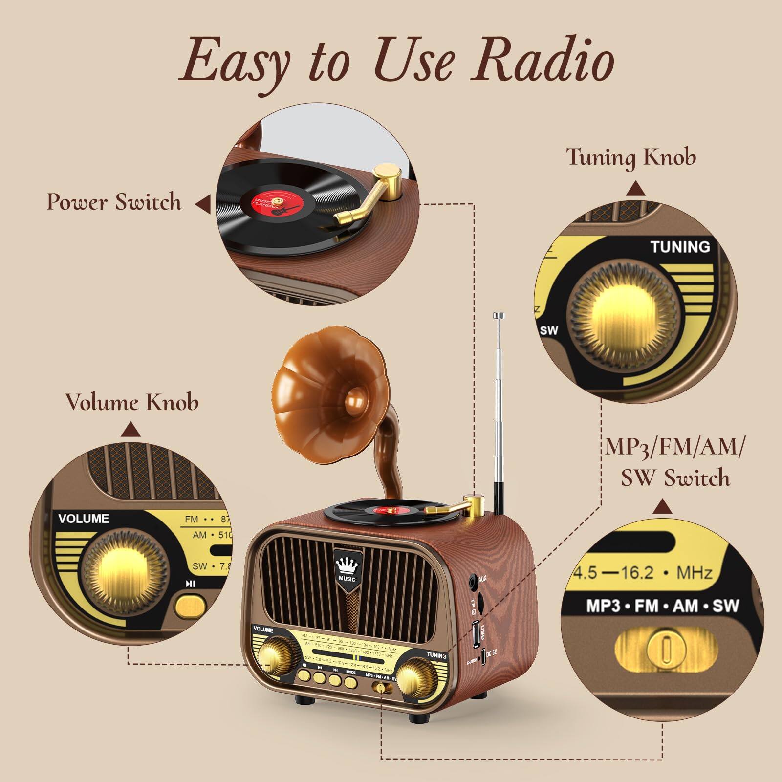 Easy to Use Radio

- Power Switch
- Tuning Knob
- Volume Knob
- MP3/FM/AM/SW Switch

VOLUME
FM • 87.5 - 108
AM • 510 - 1620
SW • 7.5 - 16.2 MHz

MP3 • FM • AM • SW