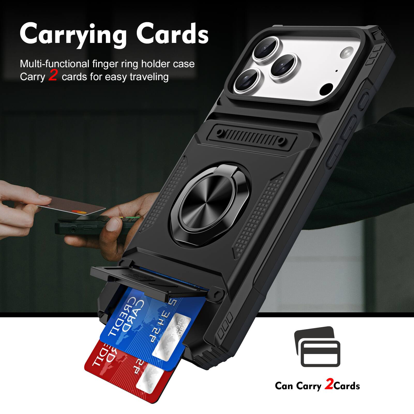 Carrying Cards Multi-functional finger ring holder case Carry 2 cards for easy traveling

Can Carry 2 Cards