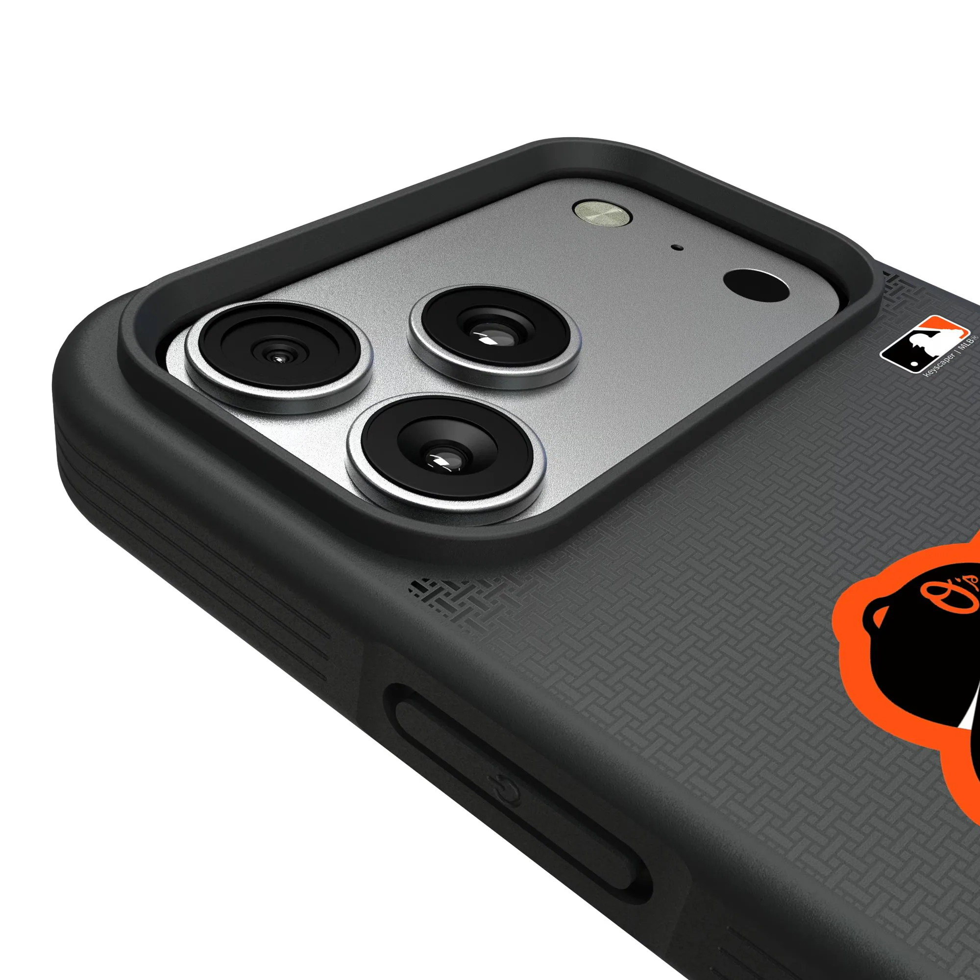 Alt View 2. Keyscaper - Baltimore Orioles Bump Case with 8.2ft Drop Protection - 14 Pro Max - Black.