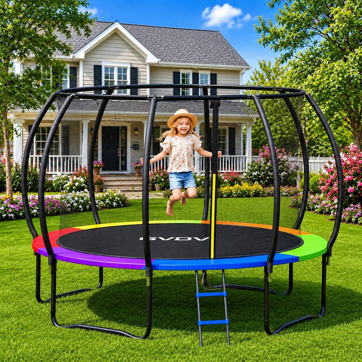 Front. GVDV - Outdoor Trampoline, 10ft Backyard Recreational Trampoline with Enclosure for Kids & Adults - Multicolored.
