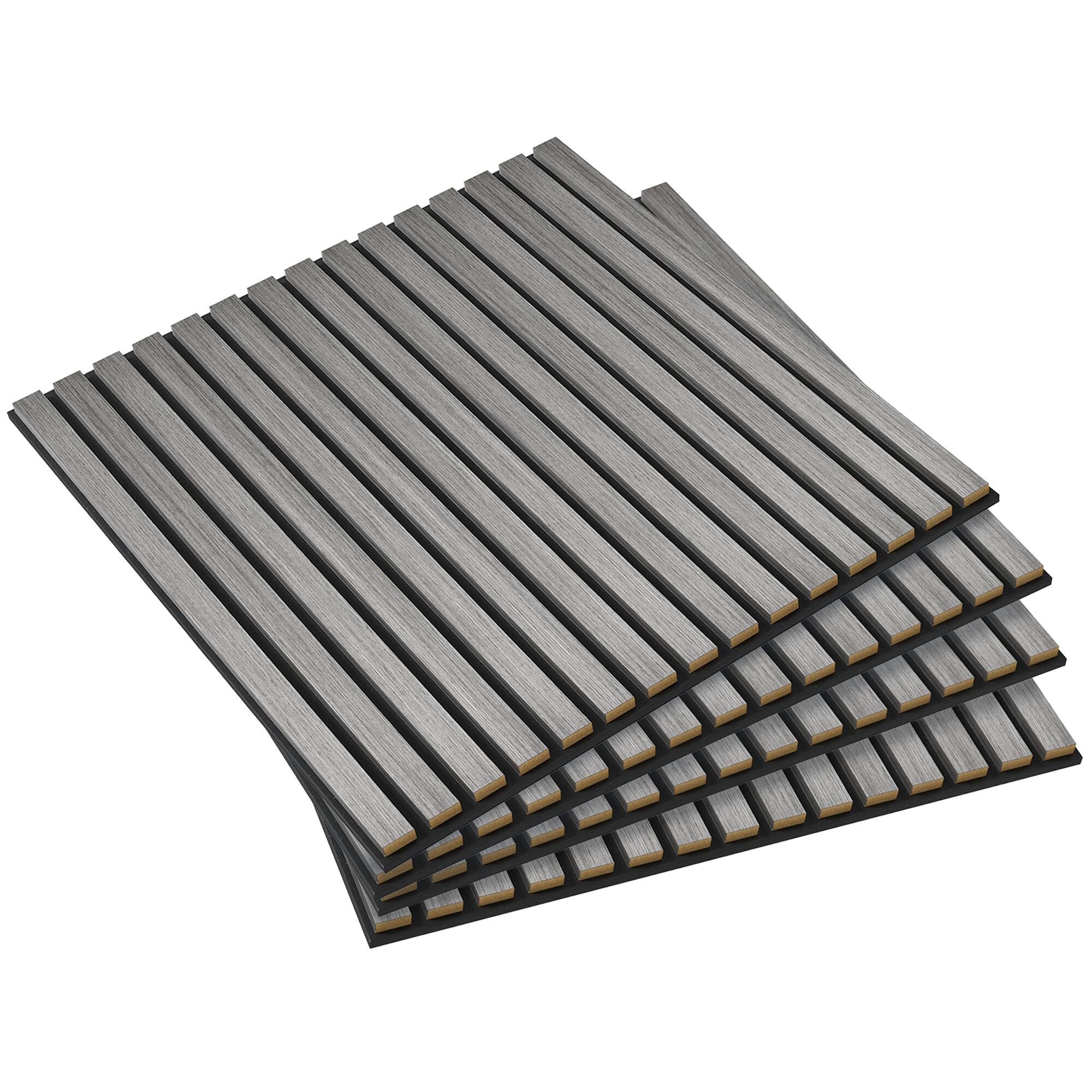 Homcom - 4-Pack 24"x24" Faux Wood Acoustic Panels - 3D Peel-Stick Wall & Ceiling Tiles, Sound Absorbing Slat Decor - Gray