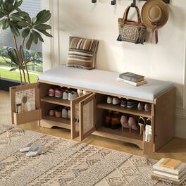 Ropilly - Rustic Storage Bench with Cushion, Woven Rattan Entryway Shoe Bench with Adjustable Shelves for Hallway, Brown - Brown+Beige