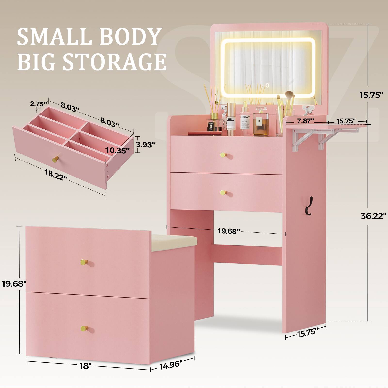 SMALL BODY BIG STORAGE

- 2.75" x 8.03" x 8.03" (top drawer)
- 10.35" x 3.93" x 18.22" (main drawer)
- 19.68" x 18" x 14.96" (cabinet dimensions)
- 15.75" x 7.87" x 15.75" (top surface)
- 36.22" (total height)
