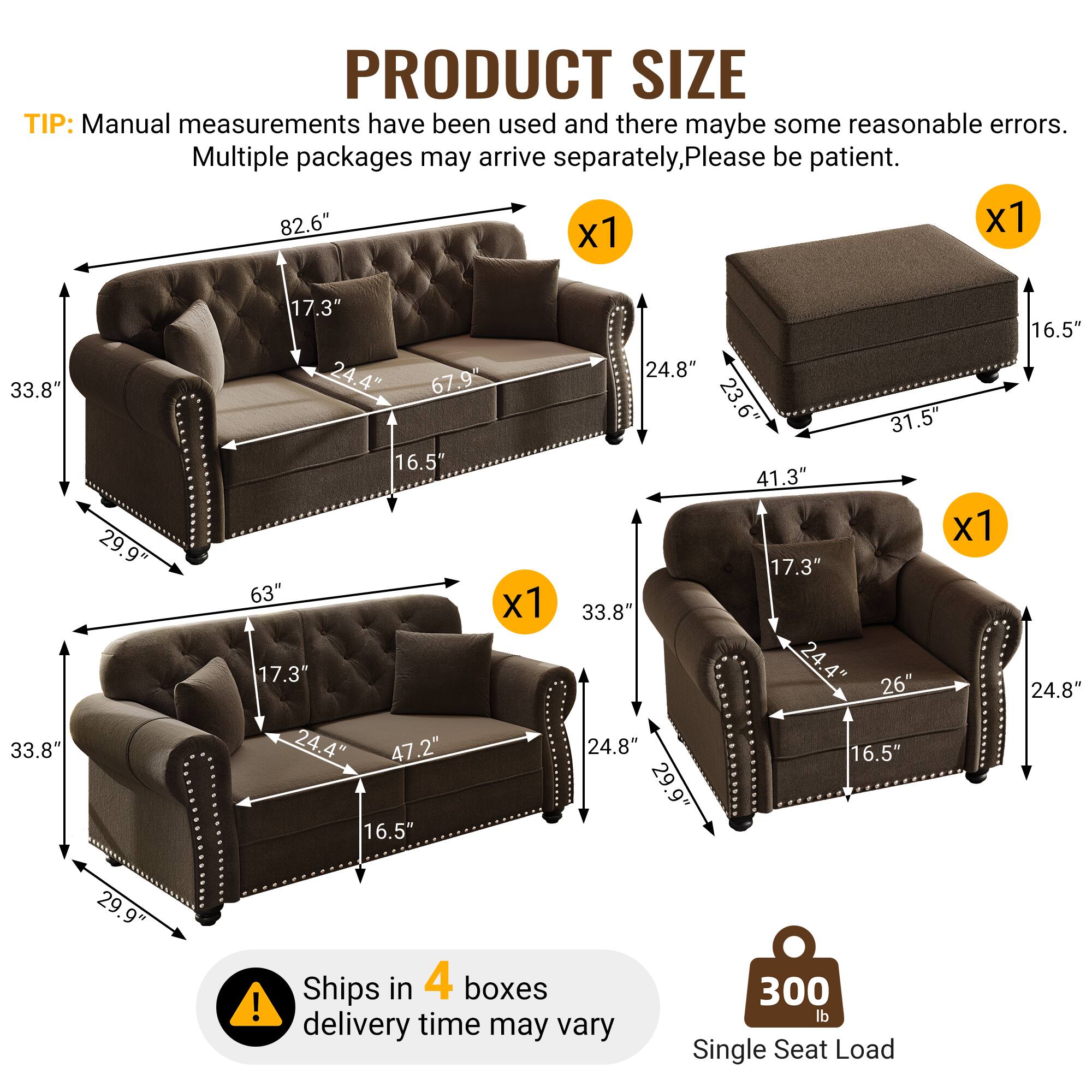 PRODUCT SIZE TIP: Manual measurements have been used and there may be some reasonable errors. Multiple packages may arrive separately, please be patient.  
- 82.6" x 1 x 1  
- 33.8" x 1  
- 29.9" x 1  
- 17.3" x 1  
- 24.4" x 1  
- 67.9" x 1  
- 16.5" x 1  
- 63" x 1  
- 17.3" x 1  
- 24.4" x 1  
- 47.2" x 1  
- 16.5" x 1  
- 24.8" x 1  
- 23.6" x 1  
- 31.5" x 1  
- 41.3" x 1  
- 17.3" x 1  
- 33.8" x 1  
- 24.4" x 1  
- 26" x 1  
- 24.8" x