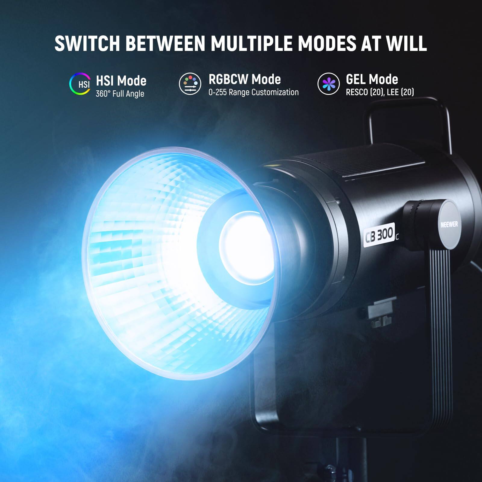SWITCH BETWEEN MULTIPLE MODES AT WILL

HSI Mode  
360° Full Angle

RGBCW Mode  
0-255 Range Customization

GEL Mode  
RESCO (20), LEE (20)