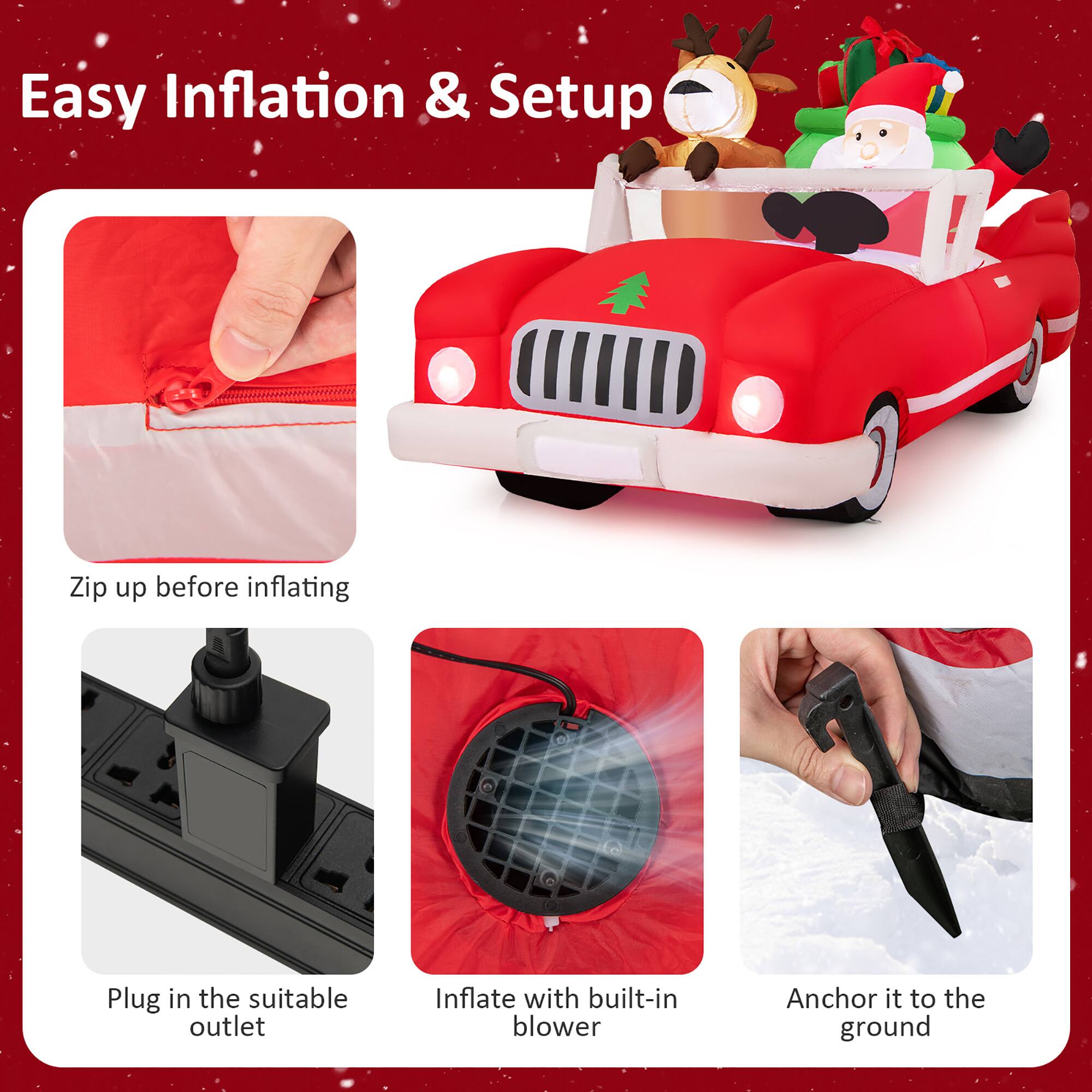 Easy Inflation & Setup

1. Zip up before inflating
2. Plug in the suitable outlet
3. Inflate with built-in blower
4. Anchor it to the ground