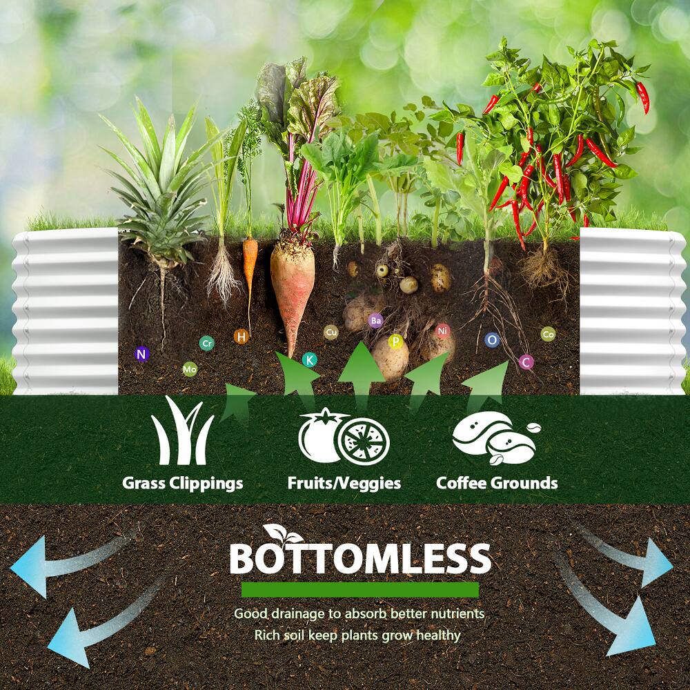 Grass Clippings  
Fruits/Veggies  
Coffee Grounds  

BOTTOMLESS  
Good drainage to absorb better nutrients  
Rich soil keep plants grow healthy