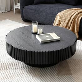 Trinkets Crazed - 39.37" Round Coffee Table Wood,Circle Coffee Table, Drum Fluted Coffee Accent End Side Center Table - Black