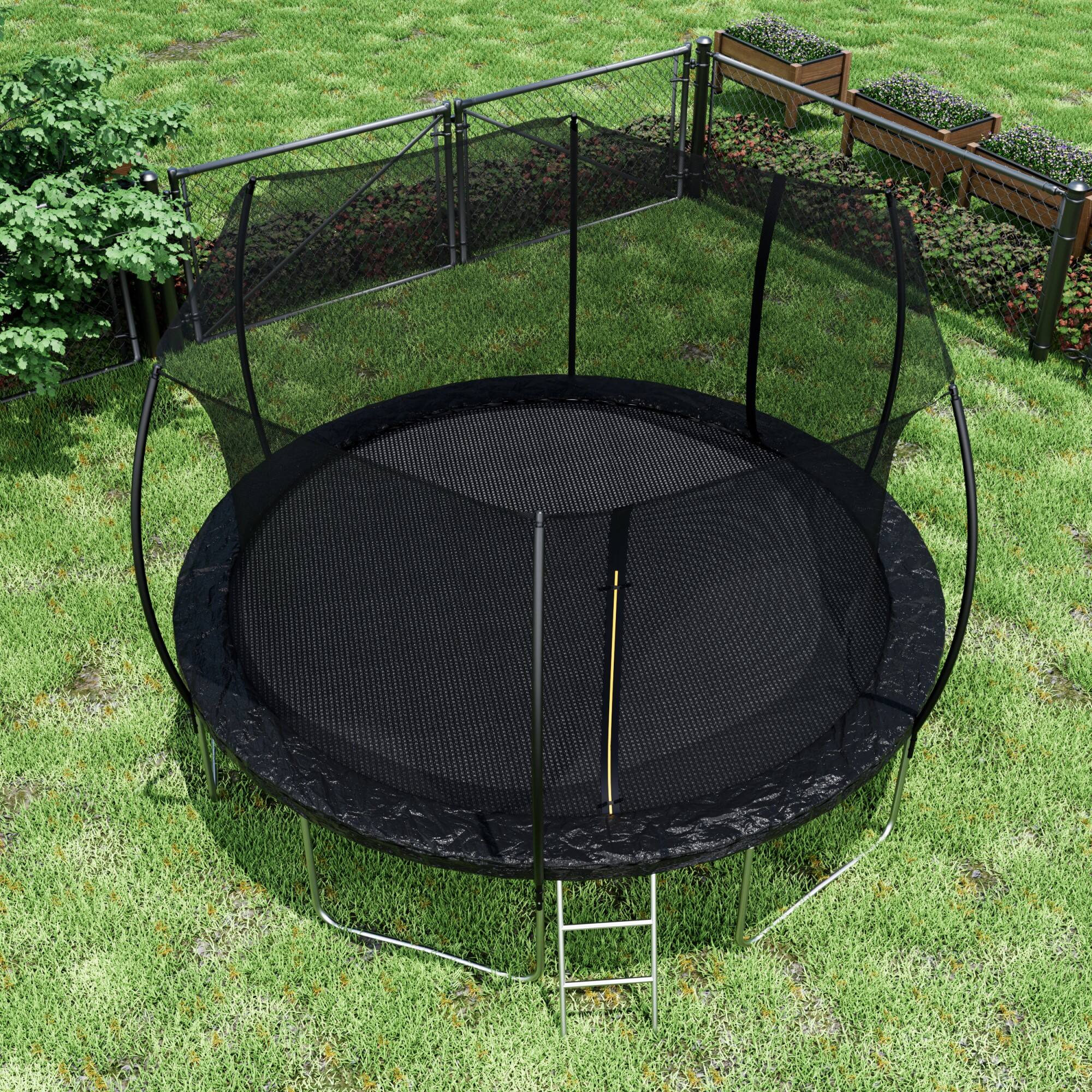 Alt View 1. Ecooso - 14FT Trampoline with Enclosure Net and Ladder: Curved Safety Poles, 72 Springs, 6 W-Legs, Zipper Door - Black.