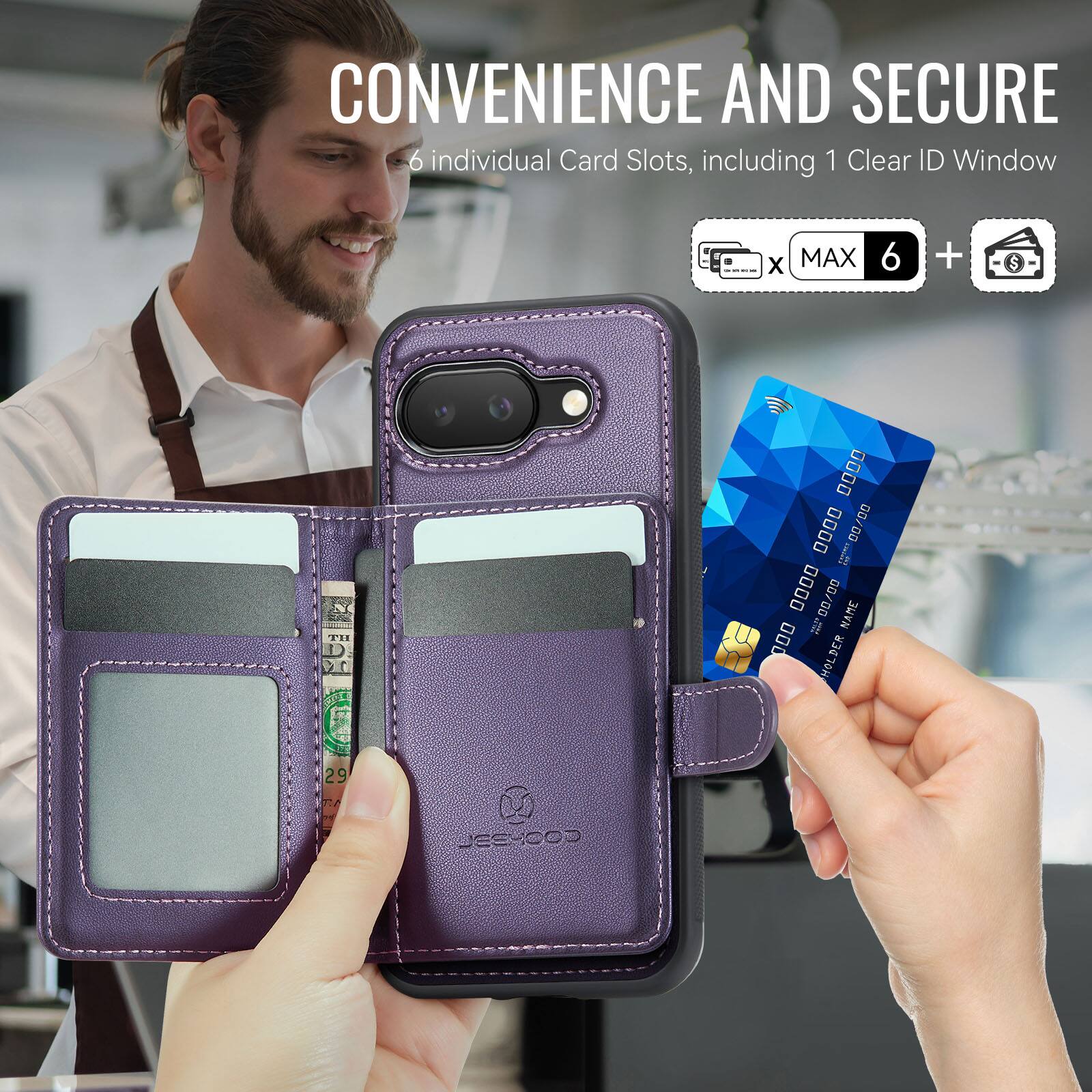 CONVENIENCE AND SECURE  
6 individual Card Slots, including 1 Clear ID Window  
MAX 6 +  
V 0000 0000 00/00  
E I 0000 00/00  
NAME 000 DEW 29 TIA COOLEST