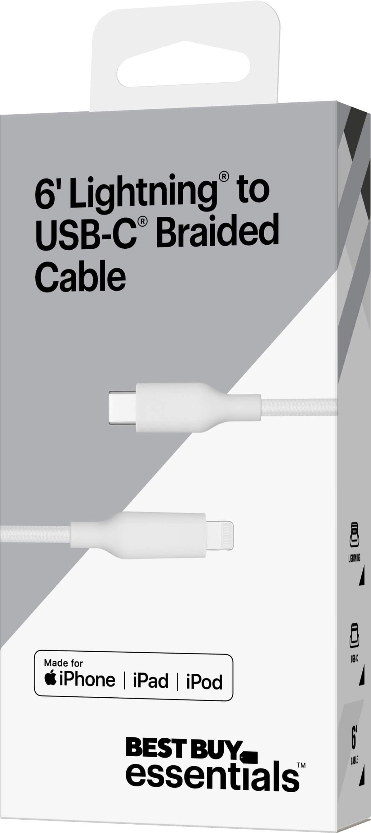 The text on the image reads: "6' Lightning to USB-C Braided Cable Made for iPhone | iPad | iPod - Best Buy Essentials."