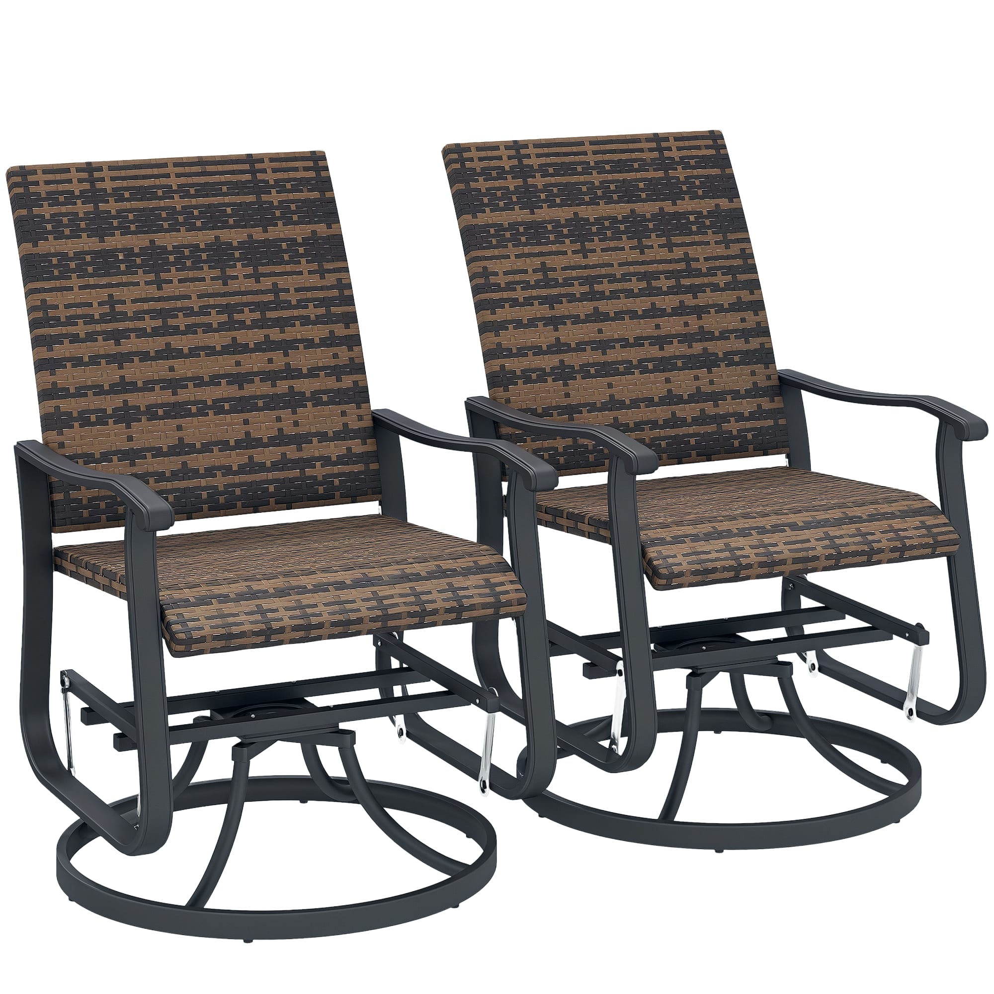 Outsunny - Patio Glider Chair Set of 2, Wicker Rattan Outdoor Swivel Chair with Steel Frame, High Back, Armrests, Porch Glider - Brown