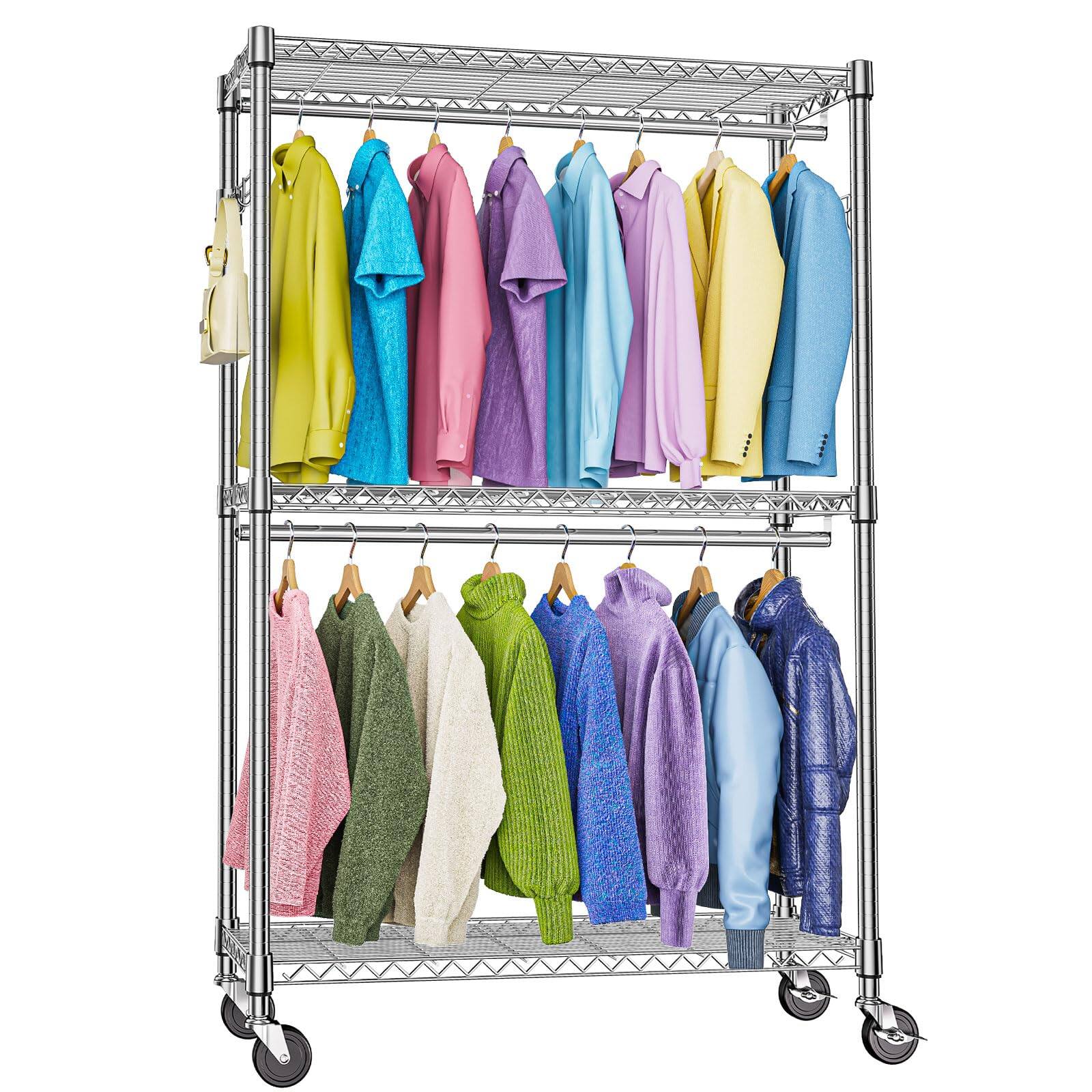 Angle. Hirose Alice - Heavy Duty Rolling Garment Rack 3 Tiers Wire Shelving Clothes Rack with Rods and Side Hooks Storage Closet - Chrome 3 Tier and 2 Rod 15.7"D x 45.3"W x 79.6"H.