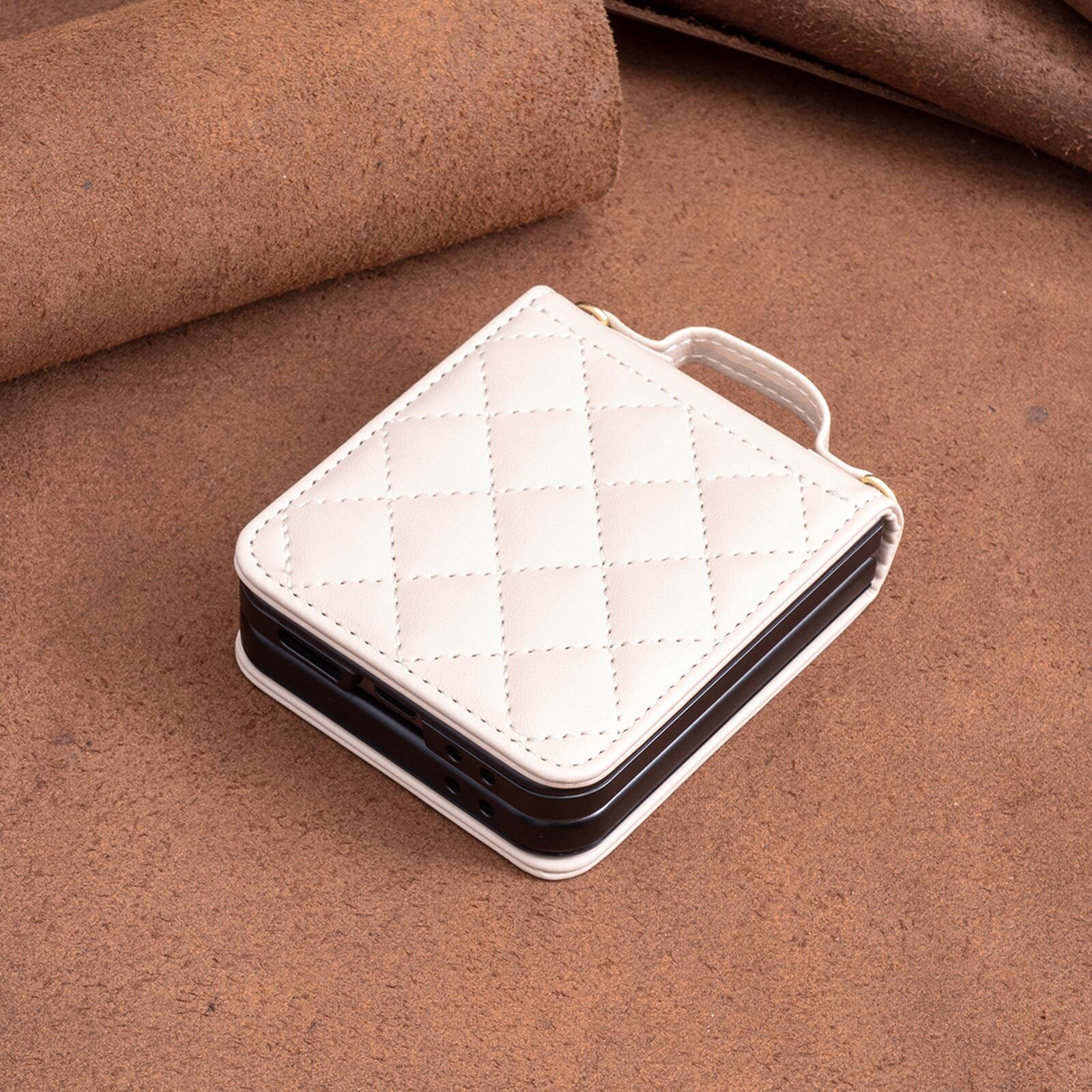 Alt View 4. Dteck - Shockproof Case for Samsung Galaxy Z Flip8 with Crossbody Lanyard, PU Leather Hard PC Cover, Raised Edge Camera Defense - Beige.