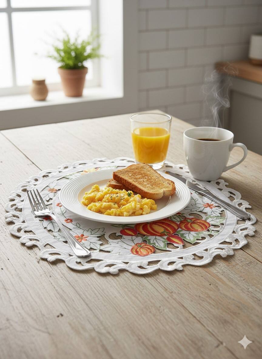 Angle. Jiallo - Pumpkin Embroidered Cutwork Round Placemat, 12-Inch diameter Table Linen - Beige.