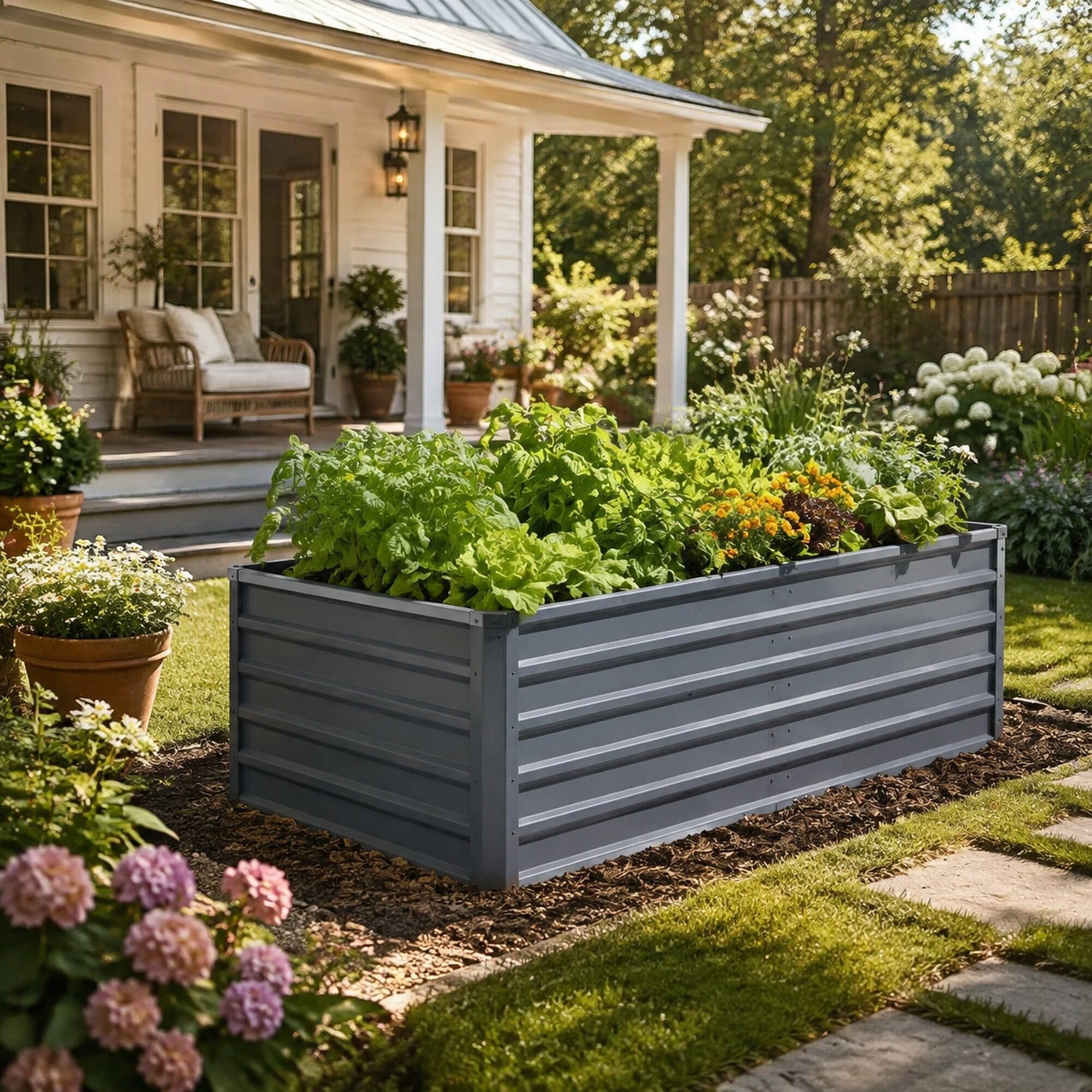 Left. RYHNUYNE - Large 6x3x2ft Raised Garden Bed Gray Galvanized Steel Outdoor Planter 269 Gallon Capacity for Deep Root Vegetables - Grey.