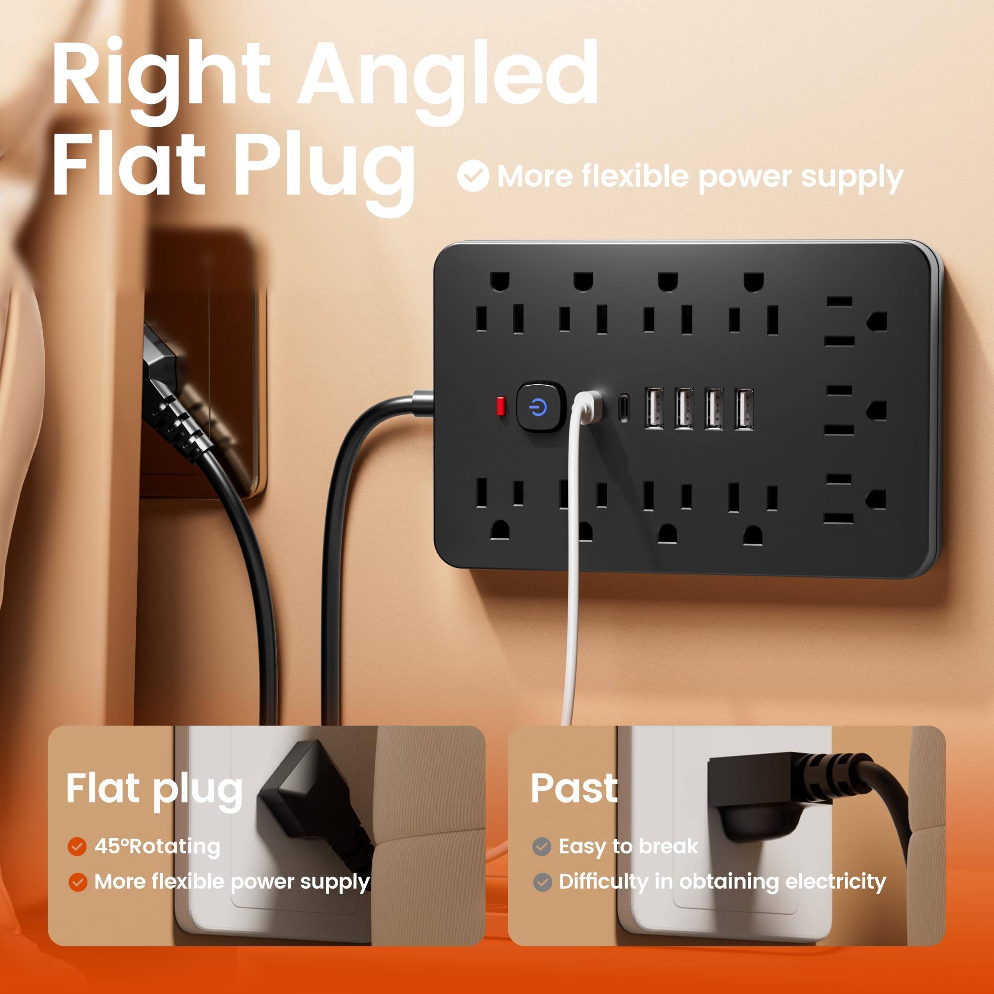 Right Angled Flat Plug  
More flexible power supply  

Flat plug  
- 45° Rotating  
- More flexible power supply  

Past  
- Easy to break  
- Difficulty in obtaining electricity