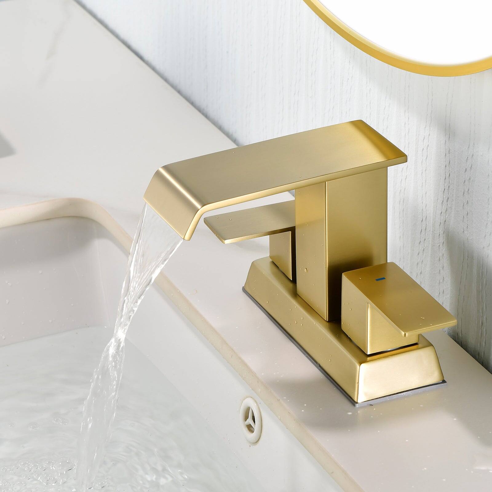 Alt View 3. Boyel Living - Brushed Gold 4 Inch Centerset Faucet SUS304 Waterfall Spout 1.2GPM Dual Handle Pop Up Drain - Brushed Gold.