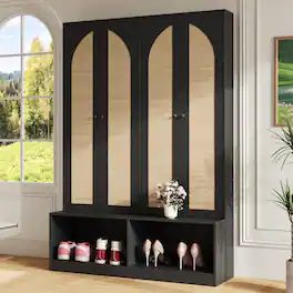 Loheer - Farmhouse Hall Tree with Rattan Doors, 4-In-1 Entryway Seating Bench, 55.1"W - Black