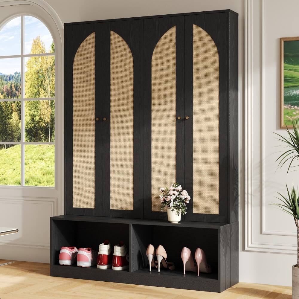 Front. Loheer - Loheer Farmhouse Hall Tree with Rattan Doors, 4-In-1 Entryway Seating Bench, Black 55.1"W - Black.