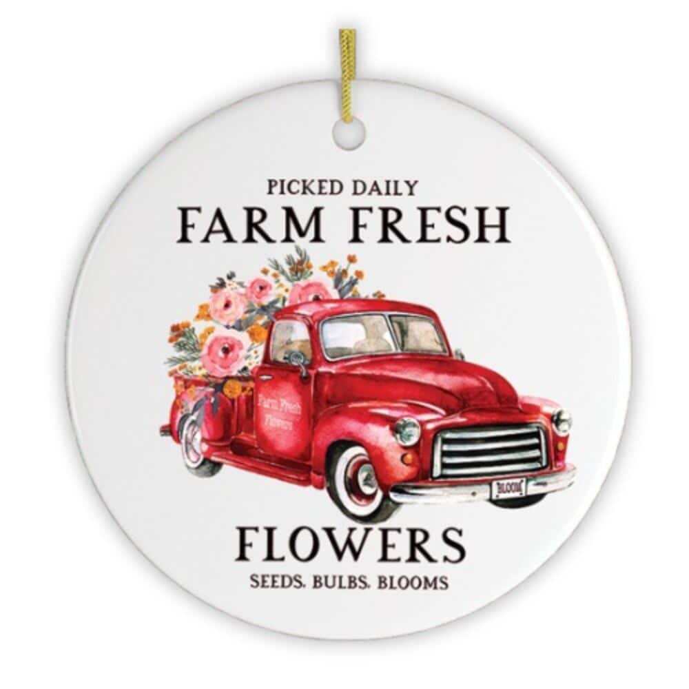 OrnamentallyYou - Artistic Red Truck and Farm Flowers Christmas Ornament - Multi-colored