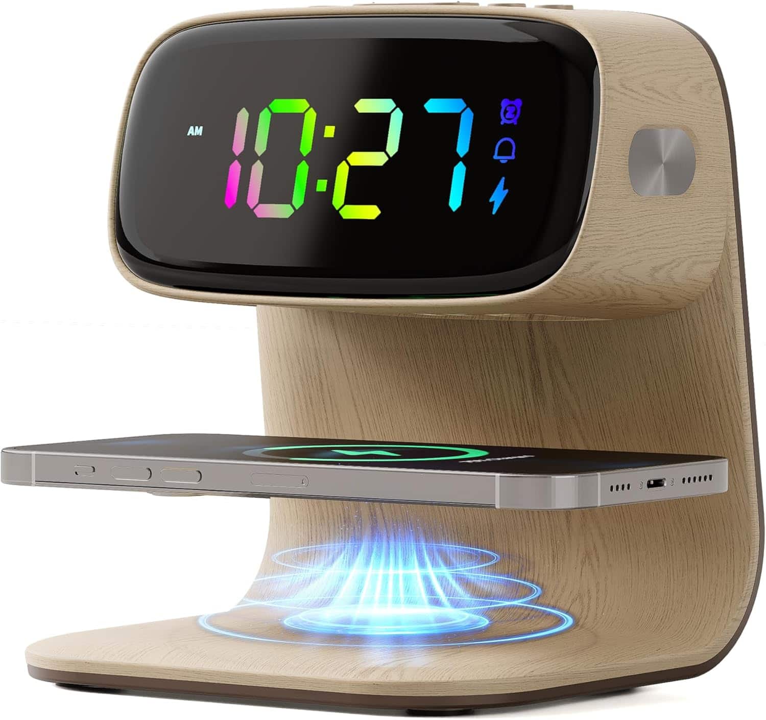 Stamp n Camp - Digital Alarm Clock with Wireless Fast Charging Station 15W Touch Smart Lamp for Bedside,3 Colors Nightlight Adjustment - Woodgrain+cable&adapter