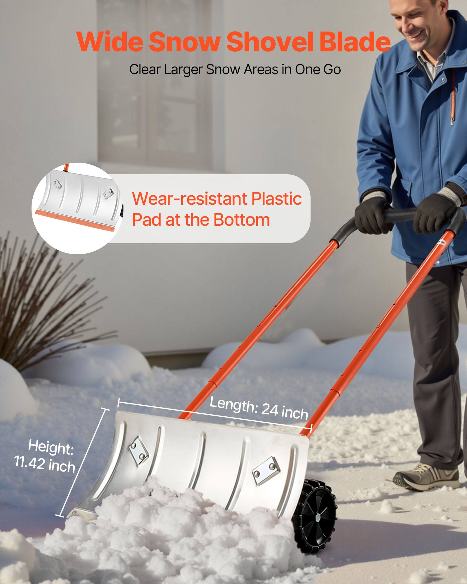 Wide Snow Shovel Blade  
Clear Larger Snow Areas in One Go  

Wear-resistant Plastic Pad at the Bottom  

Height: 11.42 inch  
Length: 24 inch