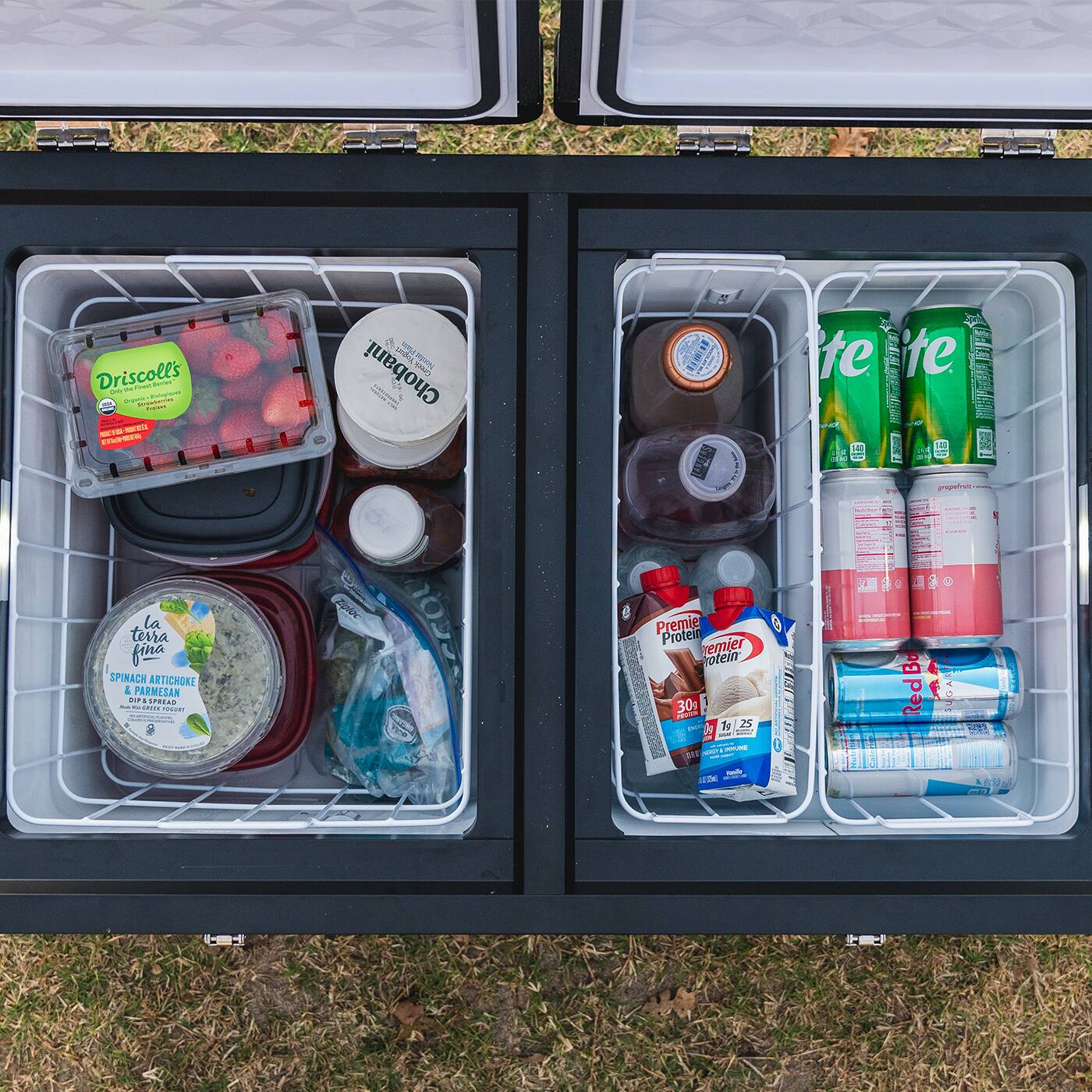 Driscoll's Organic Strawberries  
Chobani Greek Yogurt  
la terra finia Spinach Artichoke & Parmesan Dip  
Red Bull  
Premier Protein  
Grapefruit Juice