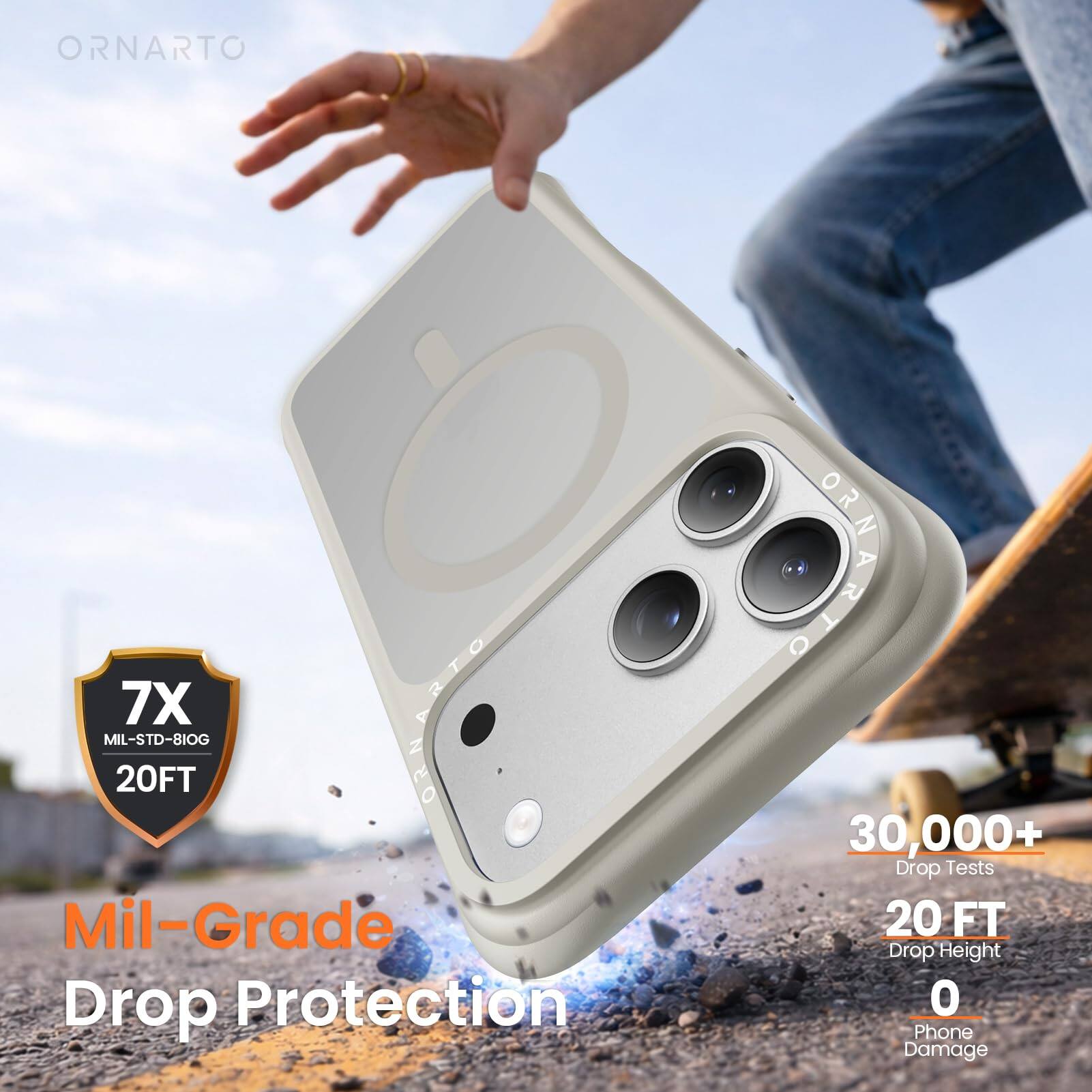 ORNARTO 7X  
ORNARTO MIL-STD-810G 20FT  
Mil-Grade Drop Protection  
ORNARTO 30,000+ Drop Tests  
20 FT Drop Height  
0 Phone Damage