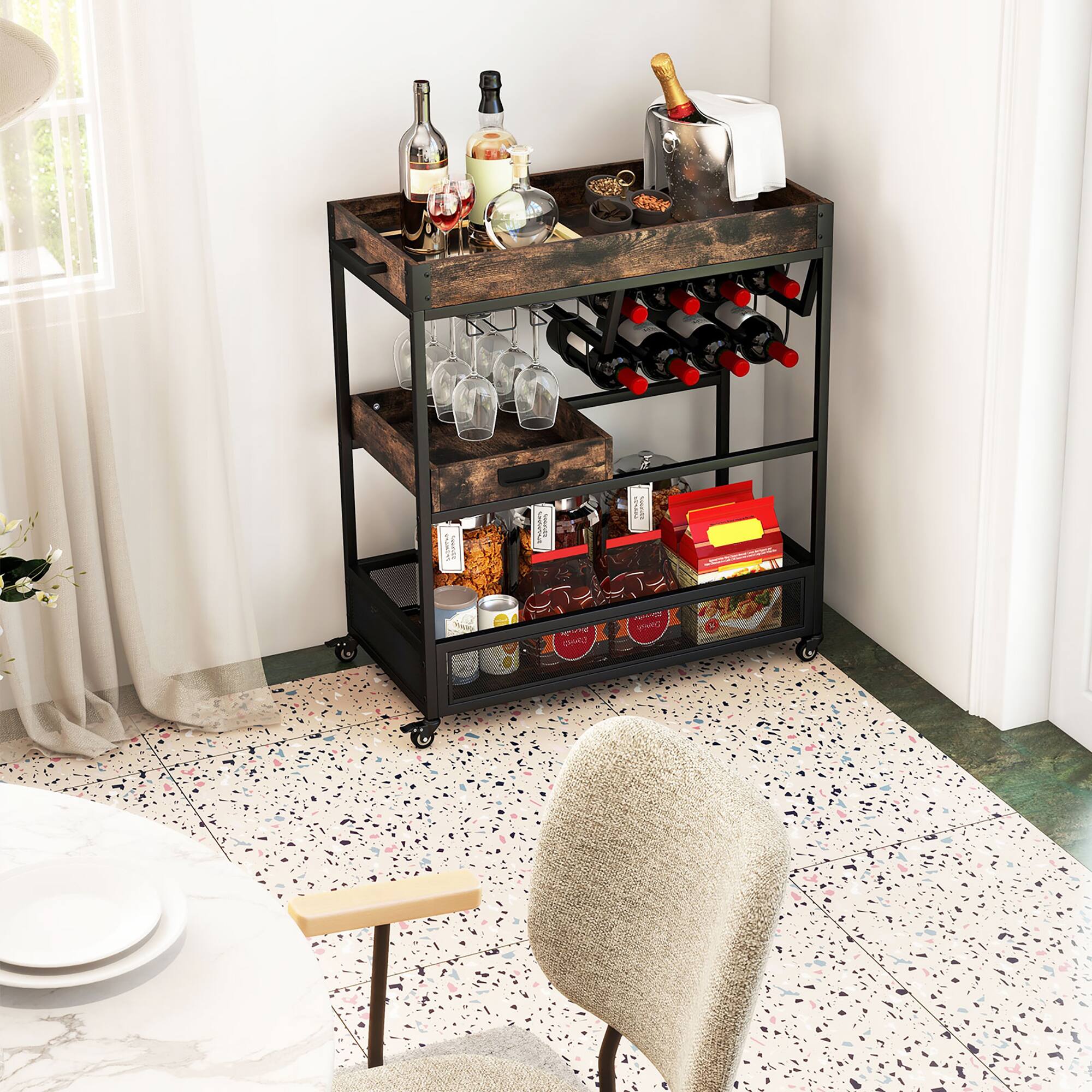 Alt View 1. Costway - Costway Rolling Bar Cart Serving Cart on Wheels 3-Tier Industrial Liquor Beverage Cart with Wine Rack & Glass Holder - Brown.