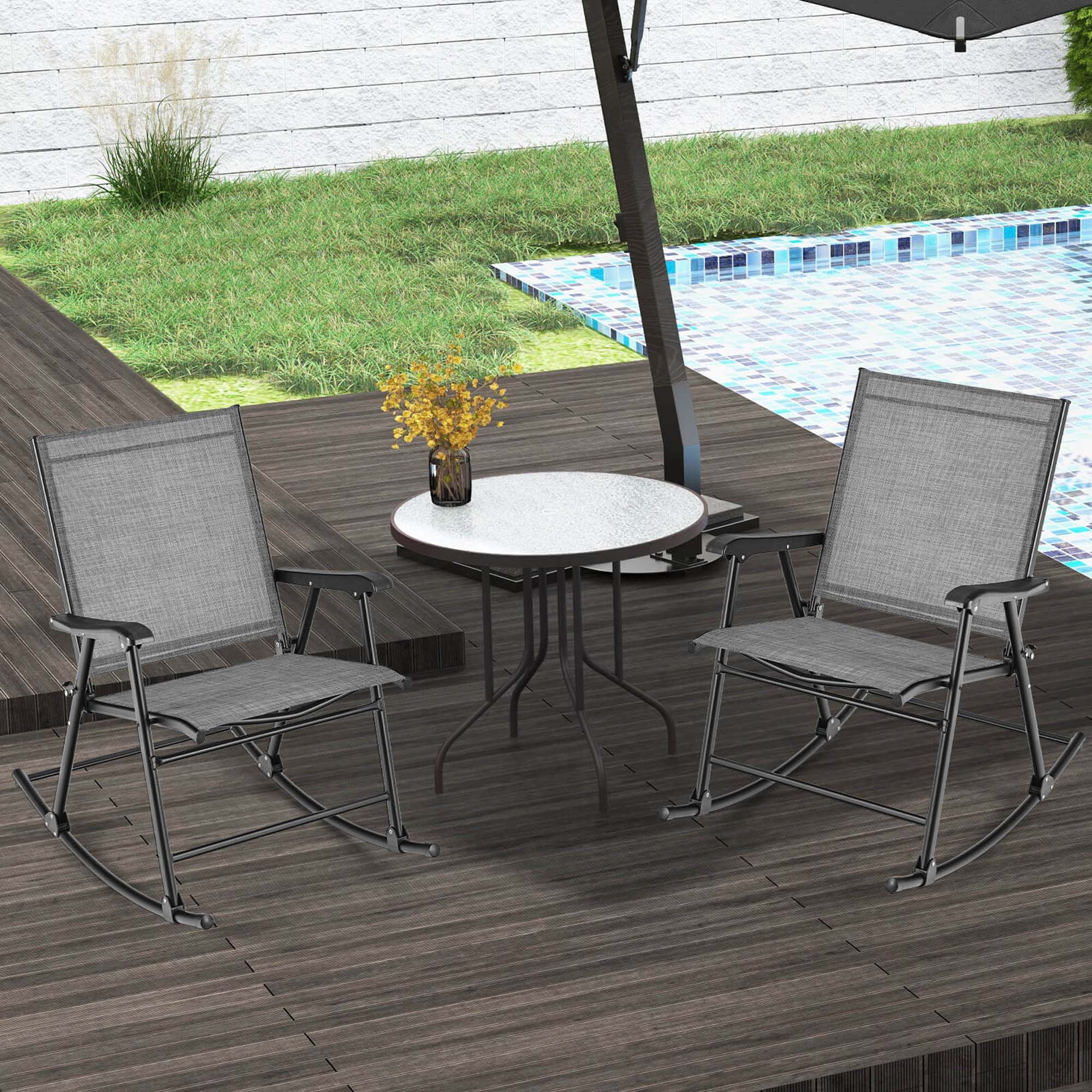 Back. Costway - 2 PCS Patio Folding Rocking Chair Heavy-Duty Metal Frame Rockers Outdoor - Gray.