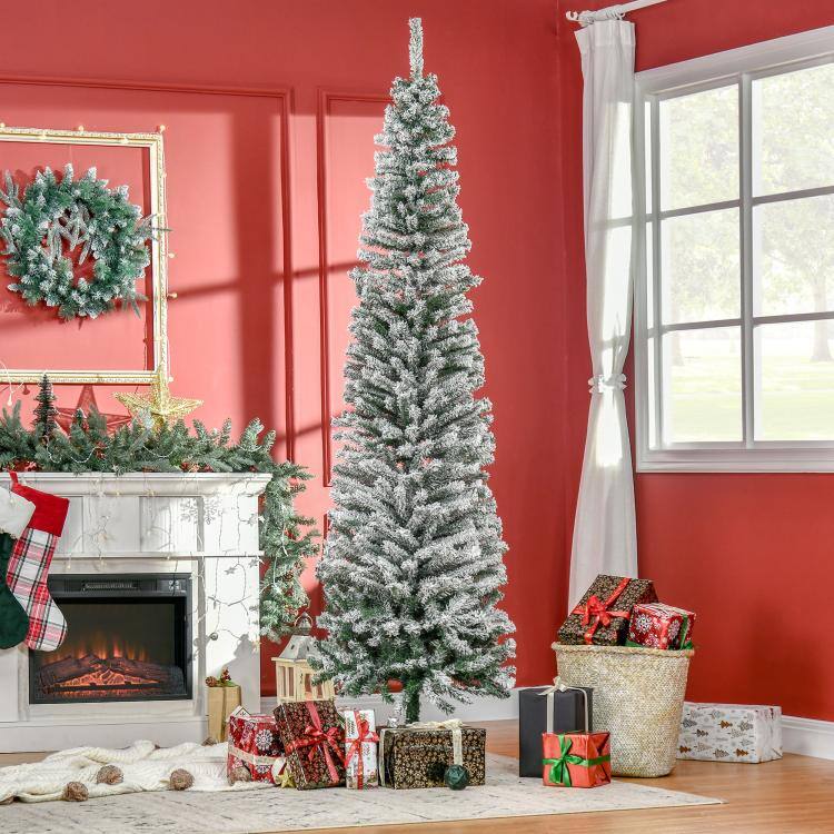 Alt View 1. PULUZ - 7.5ft Flocked Christmas Tree, Pencil Artificial Xmas Tree with Faux Snow, Dense Branches, Foldable Metal Base for Indoor - Green.