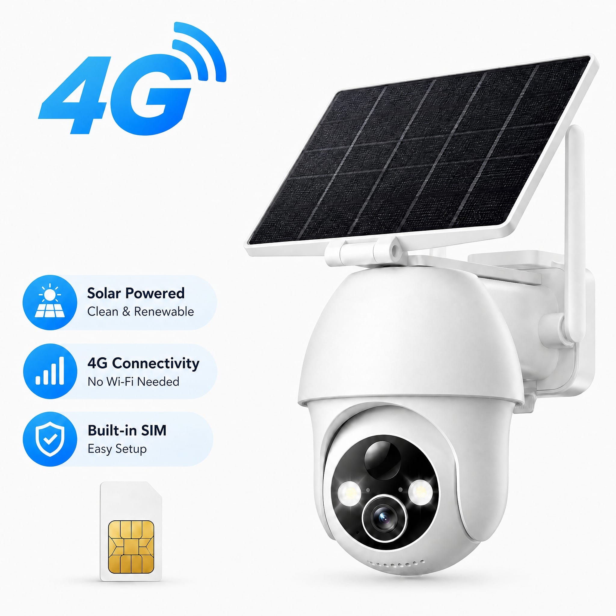 COQOOL - 4G LTE Solar Security Camera Wireless Outdoor, No WiFi, 2K HD, 355° PTZ, PIR Motion Detection,Night Vision, Built-in SIM - White