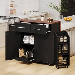 GOODSILO - 47.2"" Farmhouse Kitchen Island with Drop Leaf, Rolling Kitchen Cart, Storage, Drawers & Towel Rack - Black