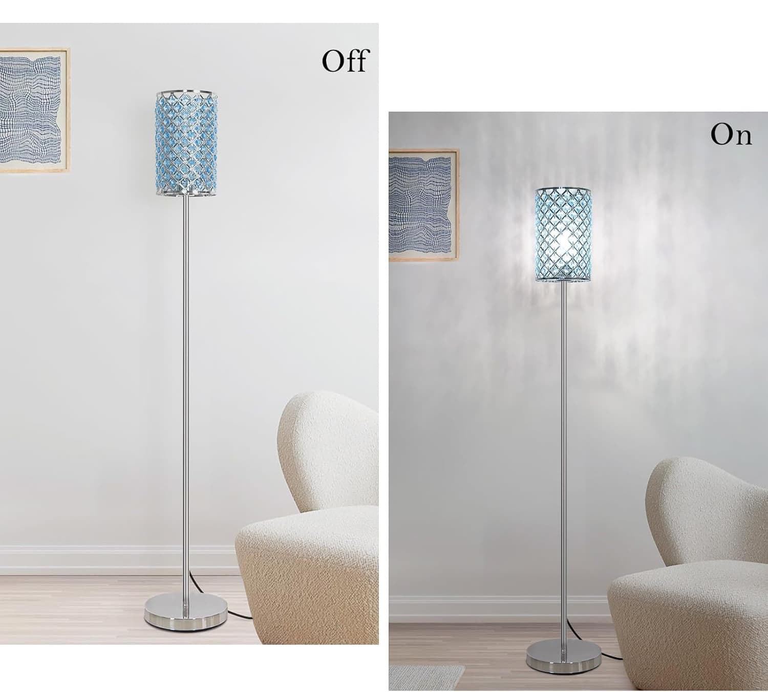 Alt View 2. FINEAK - Silver Crystal Floor Lamp - Elegant Tall Pole Standing Light with Teal Shade (E26 Base - Chrome.