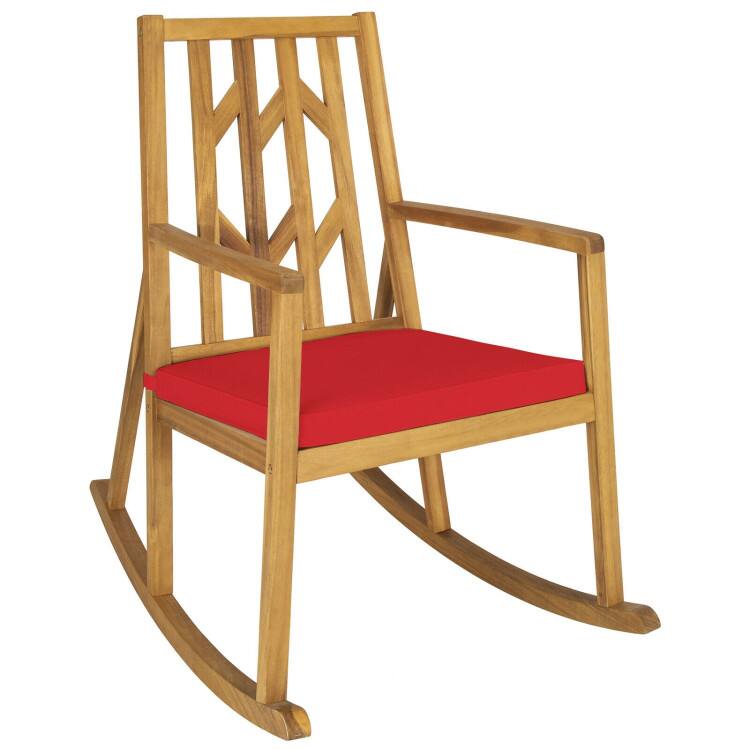 Alt View 3. Mondawe - Patio Acacia Wood Rocking Chair with Cushion and Armrests for Outdoor Garden - Red.