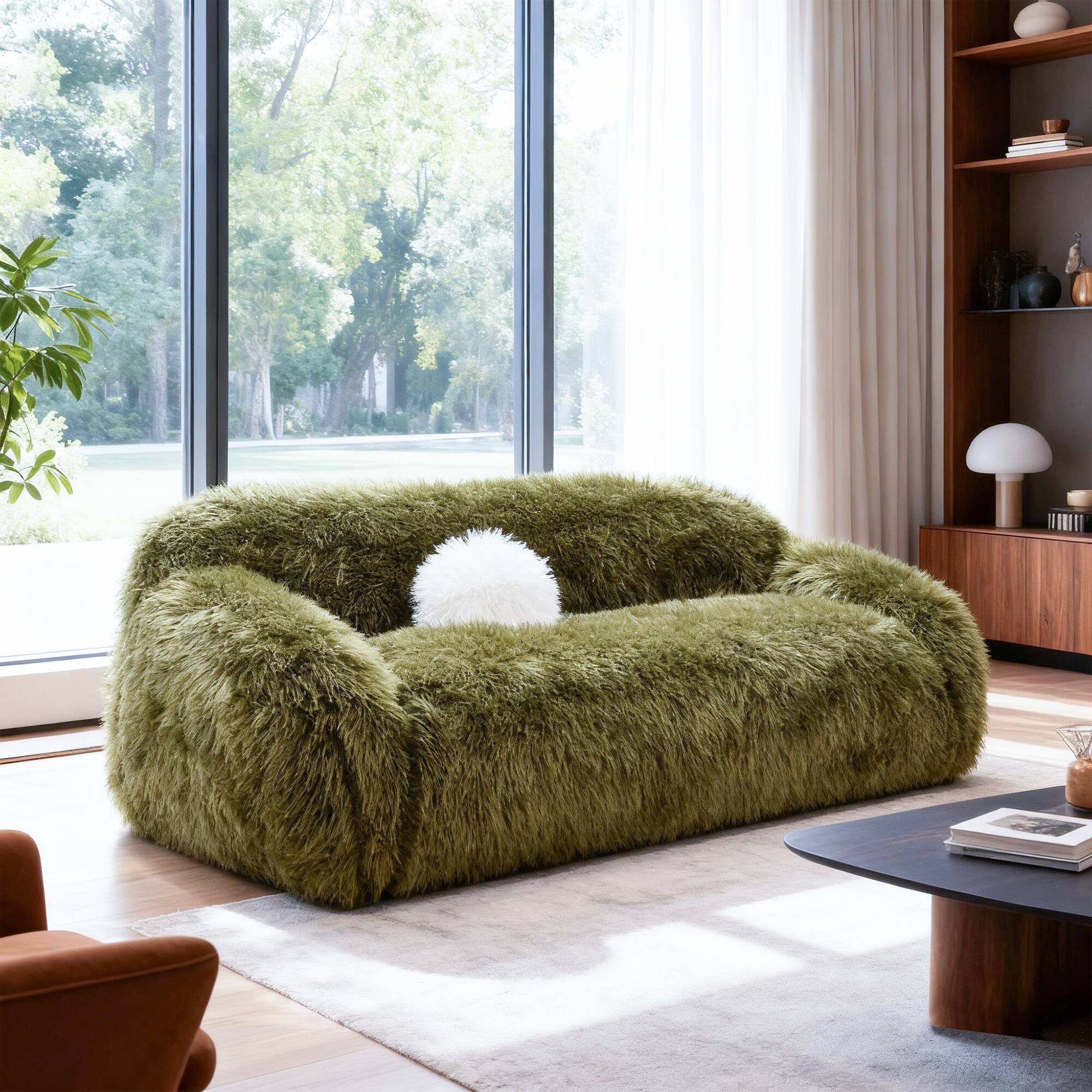 Angle. Vaczon - 3-Seater Plush Faux Fur Sofa with Soft Long Pile and Luxurious Comfort for Living Rooms or Apartments - Olive Green.
