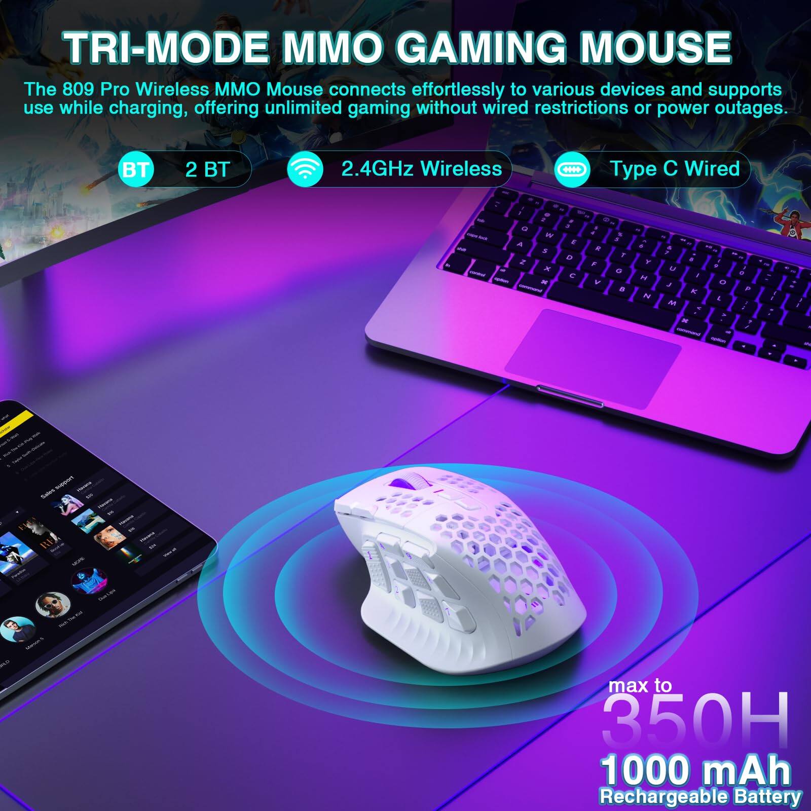 TRI-MODE MMO GAMING MOUSE

The 809 Pro Wireless MMO Mouse connects effortlessly to various devices and supports use while charging, offering unlimited gaming without wired restrictions or power outages.

- BT
- 2.4GHz Wireless
- Type C Wired

max to 350H
1000 mAh Rechargeable Battery