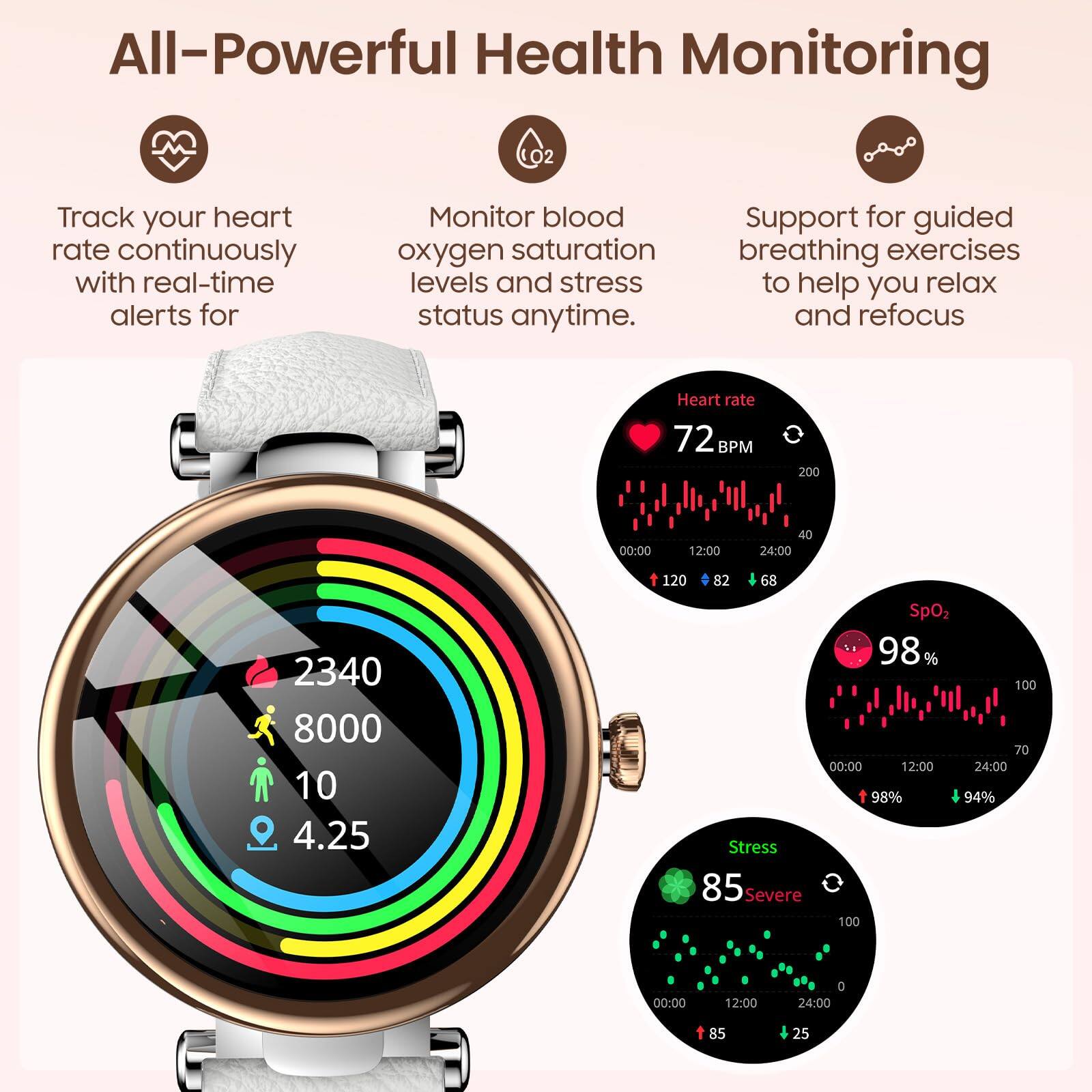 All-Powerful Health Monitoring

- Track your heart rate continuously with real-time alerts for
- Monitor blood oxygen saturation levels and stress status anytime.
- Support for guided breathing exercises to help you relax and refocus

Heart rate: 72 BPM

SpO2: 98%

Stress: 85 (Severe)