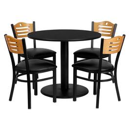 Emma + Oliver - 36'' Round Laminate Table Set with 4 Wood Slat Back Metal Chairs - Black