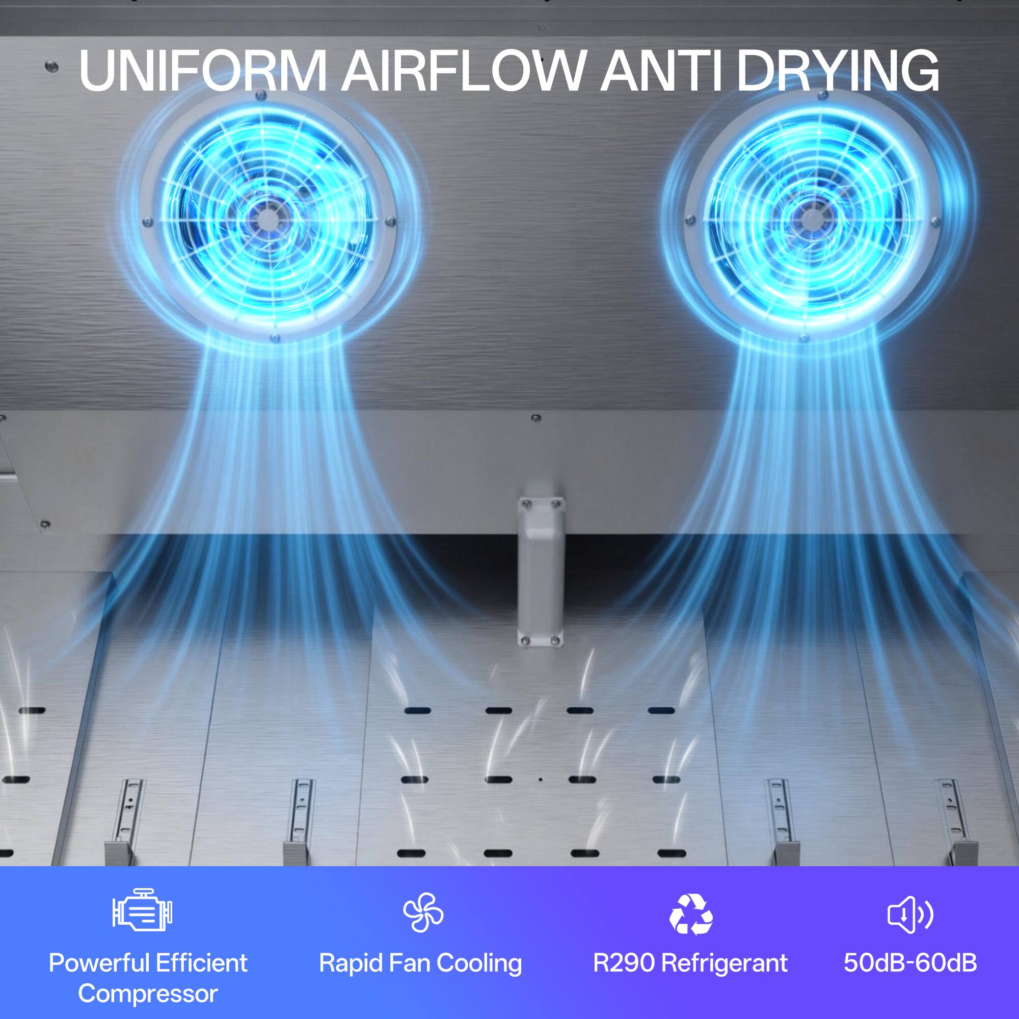 UNIFORM AIRFLOW ANTI DRYING

Powerful Efficient Compressor  
Rapid Fan Cooling  
R290 Refrigerant  
50dB-60dB