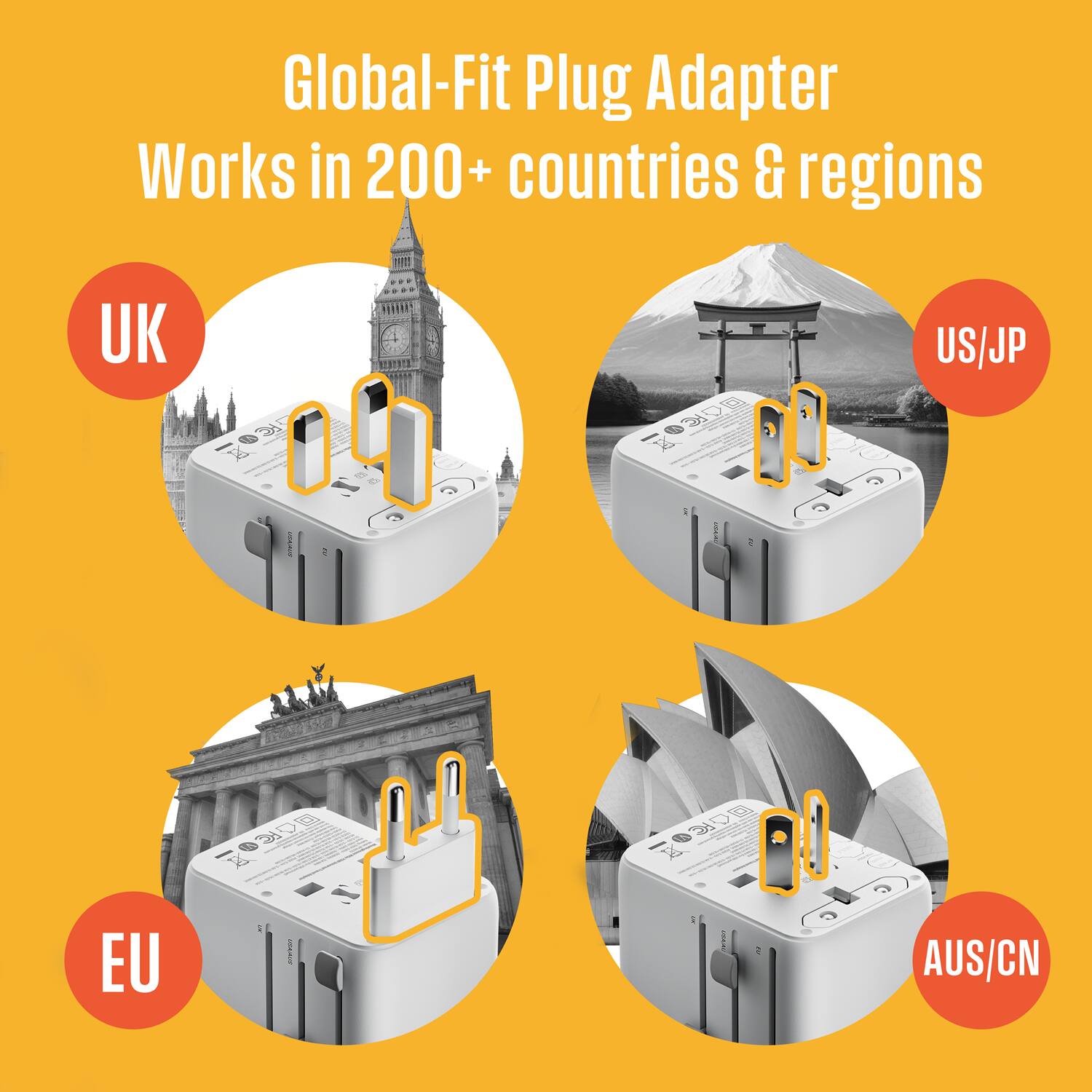 Global-Fit Plug Adapter Works in 200+ countries & regions

UK
US/JP
EU
AUS/CN