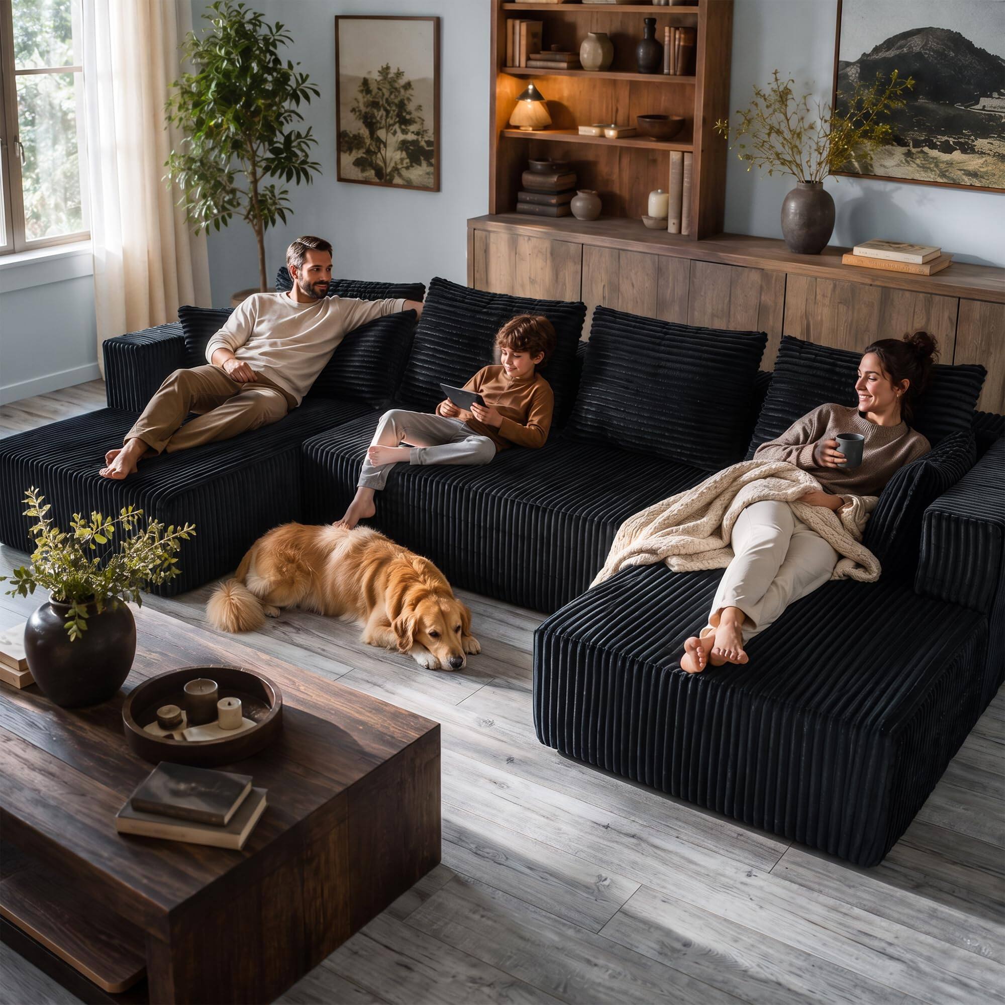 Alt View 8. Meqiodas - 132.1 Inch Modular Sectional Sofa, U-Shaped Corduroy Couch with Double Chaise, Oversized Cloud Couch for Living Room - Black.