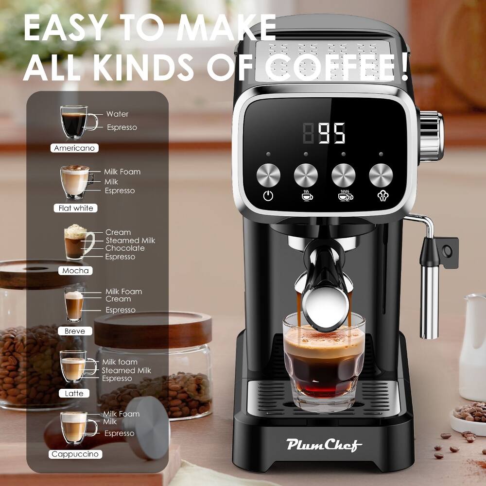 EASY TO MAKE ALL KINDS OF COFFEE!  
Water Espresso Americano  
Milk Foam Milk Espresso Flat white  
Cream Steamed Milk Chocolate Espresso Mocha  
Milk Foam Cream Espresso Breve  
Milk foam Steamed Milk Espresso Latte  
Milk Foam Milk Espresso Cappuccino  
PlumChef