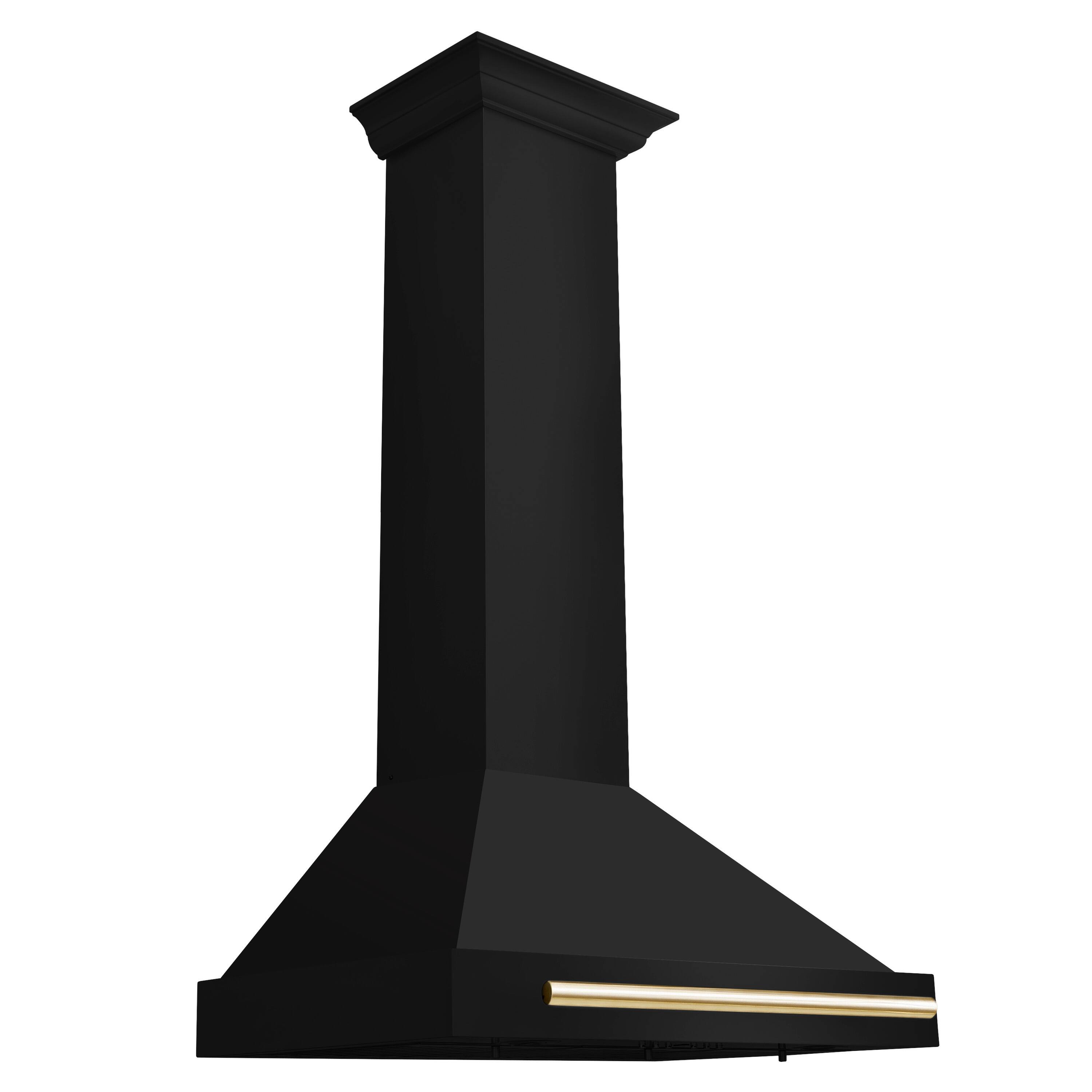 Left. ZLINE - 30 in. Autograph Edition Black Stainless Steel Wall Mount Range Hood With Polished Gold Handle (BSKB4Z-30-G) - Black stainless steel.