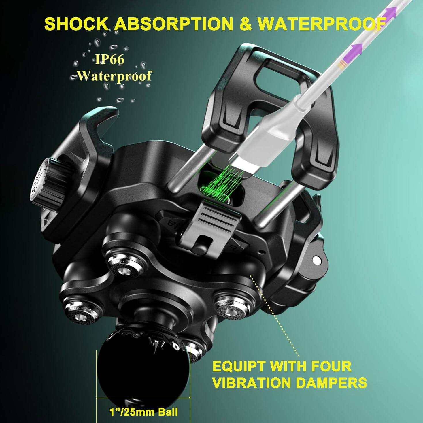 SHOCK ABSORPTION & WATERPROOF  
IP66 Waterproof  
EQUIPT WITH FOUR VIBRATION DAMPERS  
1"/25mm Ball